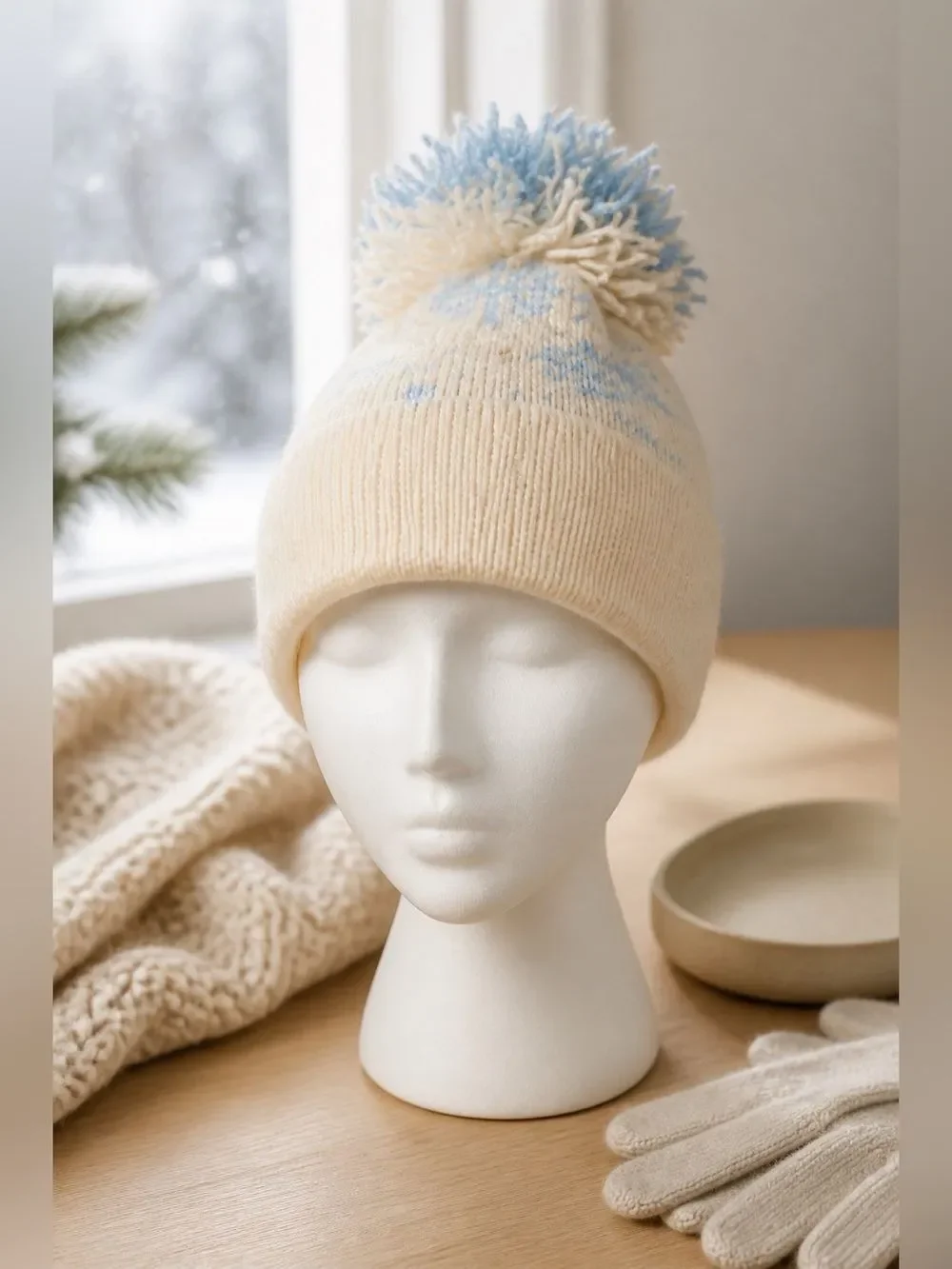 VINTAGE WHITE WITH BLUE POM POM SKI HAT NY SNOWCAPS
